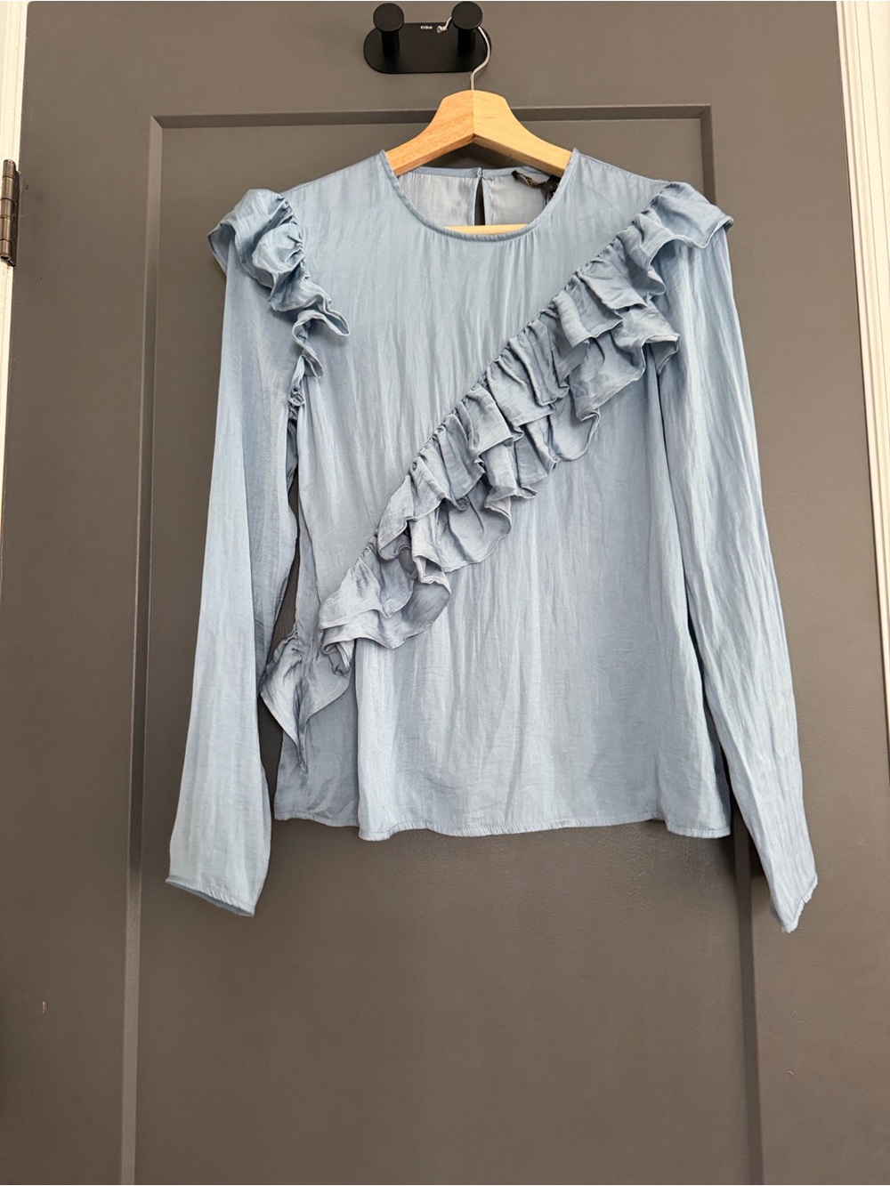Maje Light Blue Ruffled Long-Sleeve Blouse